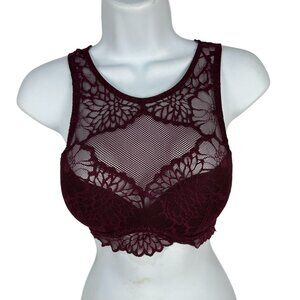 Victorias Secret Pink Lace Bralette Size XS Floral Burgundy Sheer Mesh